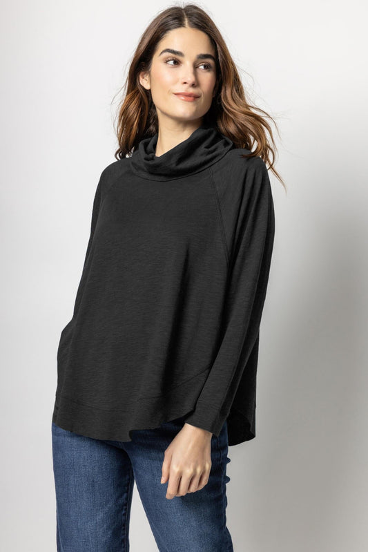 Rib Trim Dolman Turtleneck Womens Top Black A1