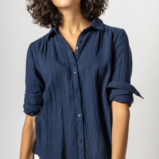 Long Sleeve Button Down Womens Top Navy A1