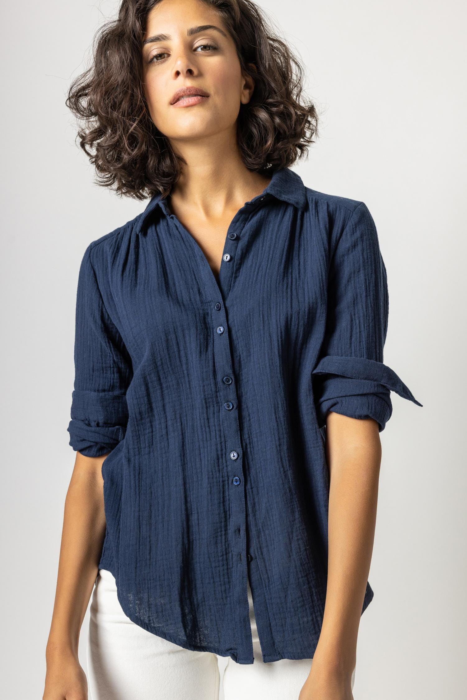 Long Sleeve Button Down Womens Top Navy A1