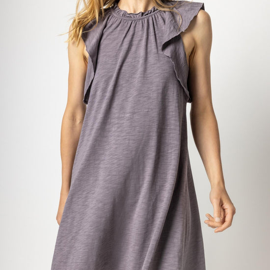 Ruffle Trim Sleeveless Dress Womens Dress Pewter A2