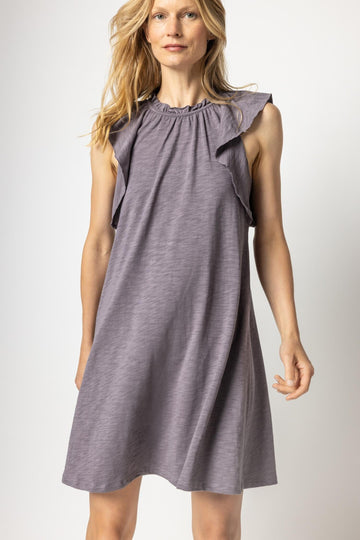 Ruffle Trim Sleeveless Dress Womens Dress Pewter A2