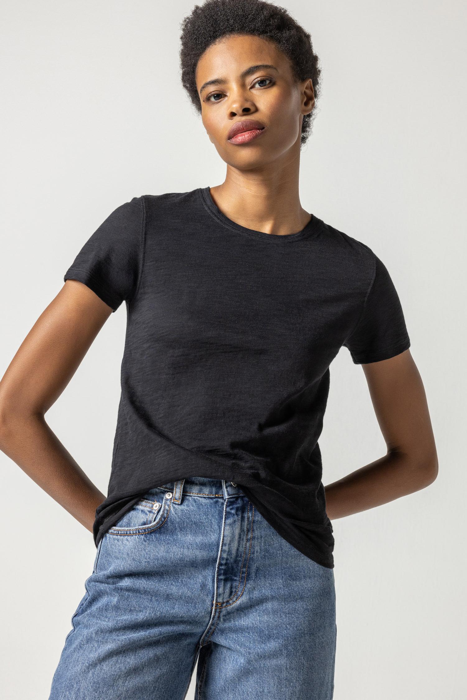 Short Sleeve Crewneck Womens Top Black A1