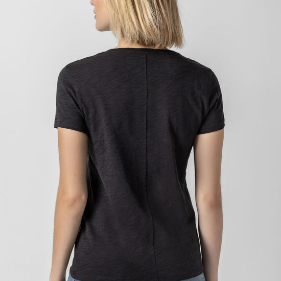 Short Sleeve Back Seam Crewneck Womens Top Black A3