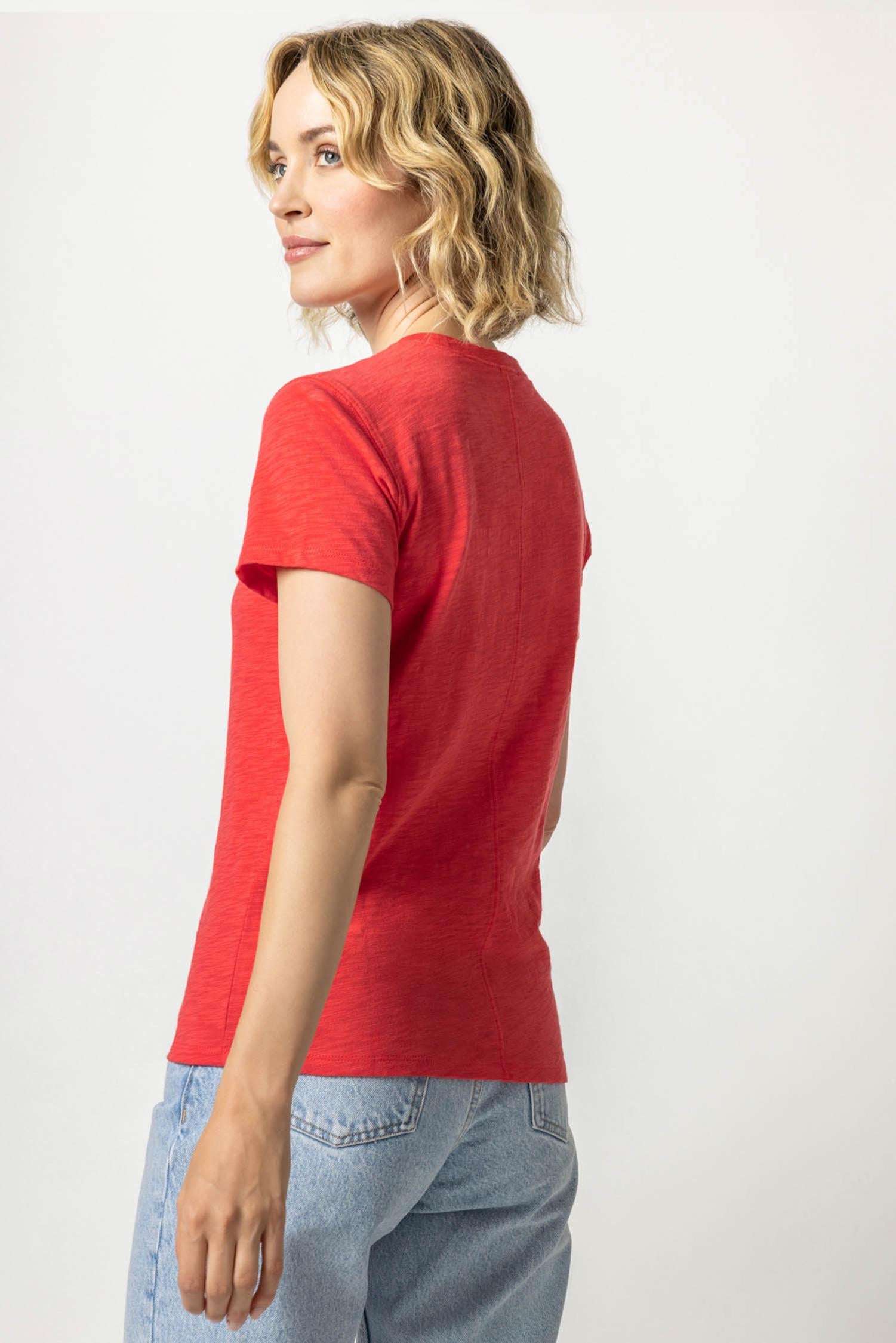 Short Sleeve Back Seam Crewneck Womens Top Cinnabar A2