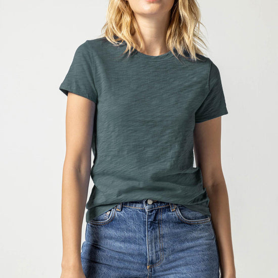 Short Sleeve Back Seam Crewneck Womens Top Evergreen A1