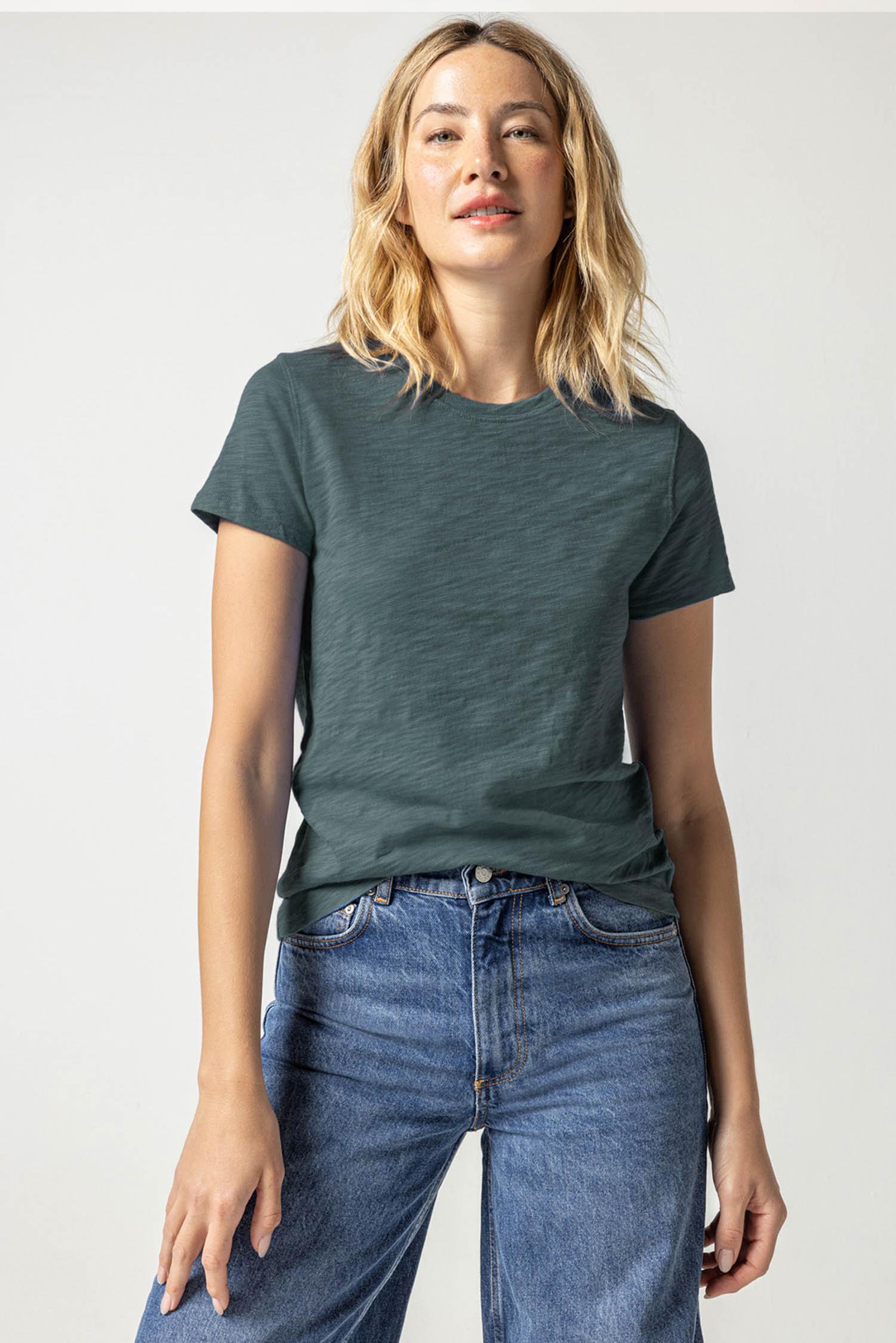 Short Sleeve Back Seam Crewneck Womens Top Evergreen A1