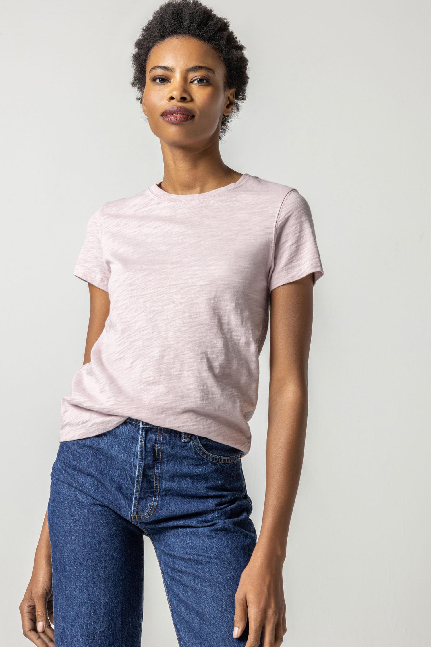 Short Sleeve Back Seam Crewneck Womens Top Iced Lilac A1