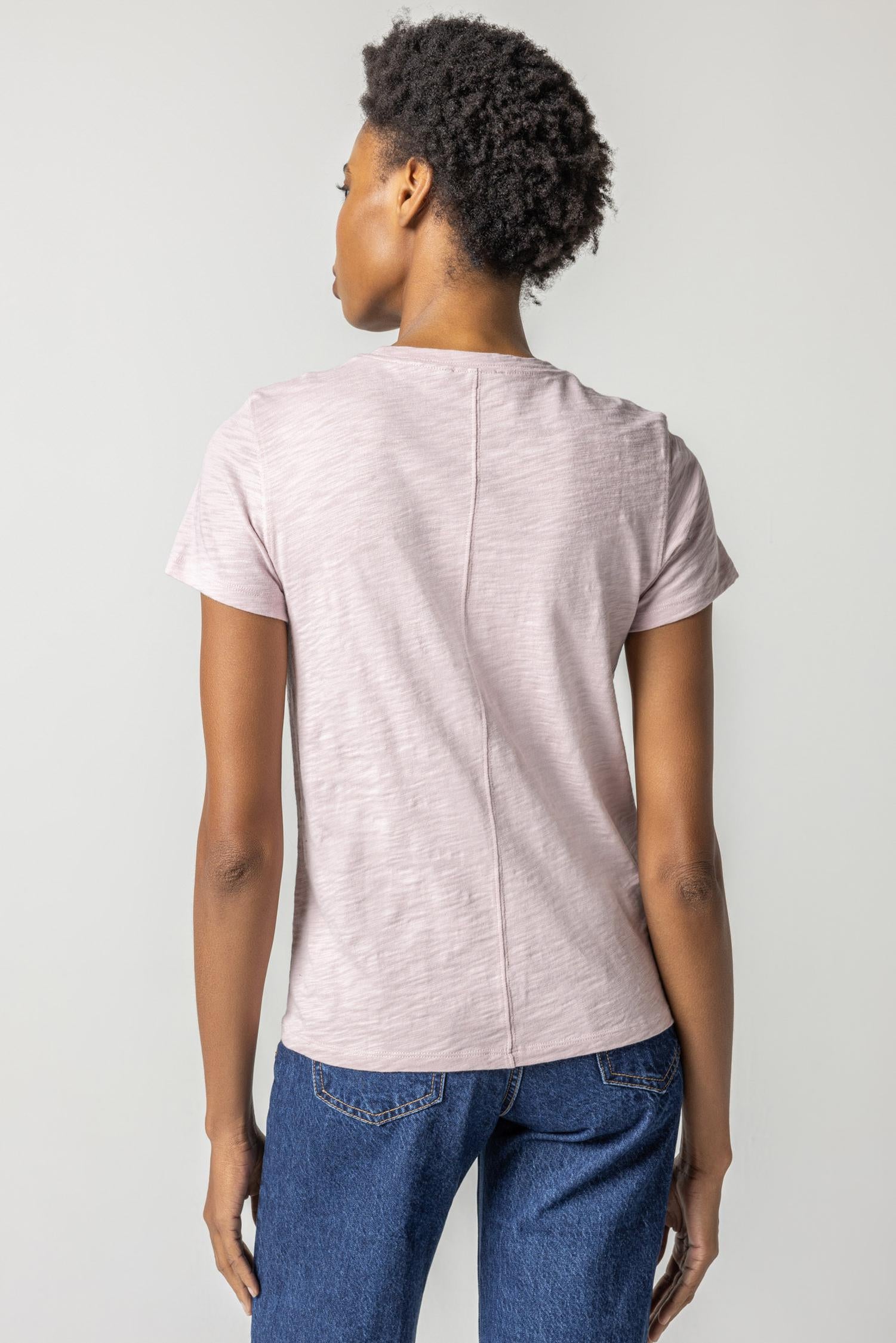 Short Sleeve Back Seam Crewneck Womens Top Iced Lilac A2