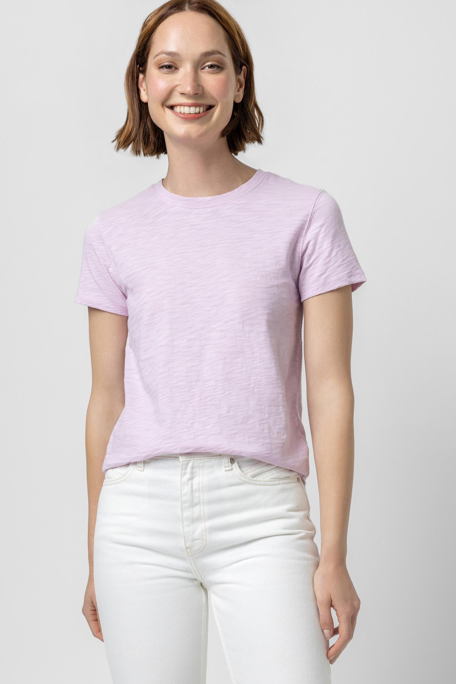 Short Sleeve Back Seam Crewneck Womens Top Orchid A1