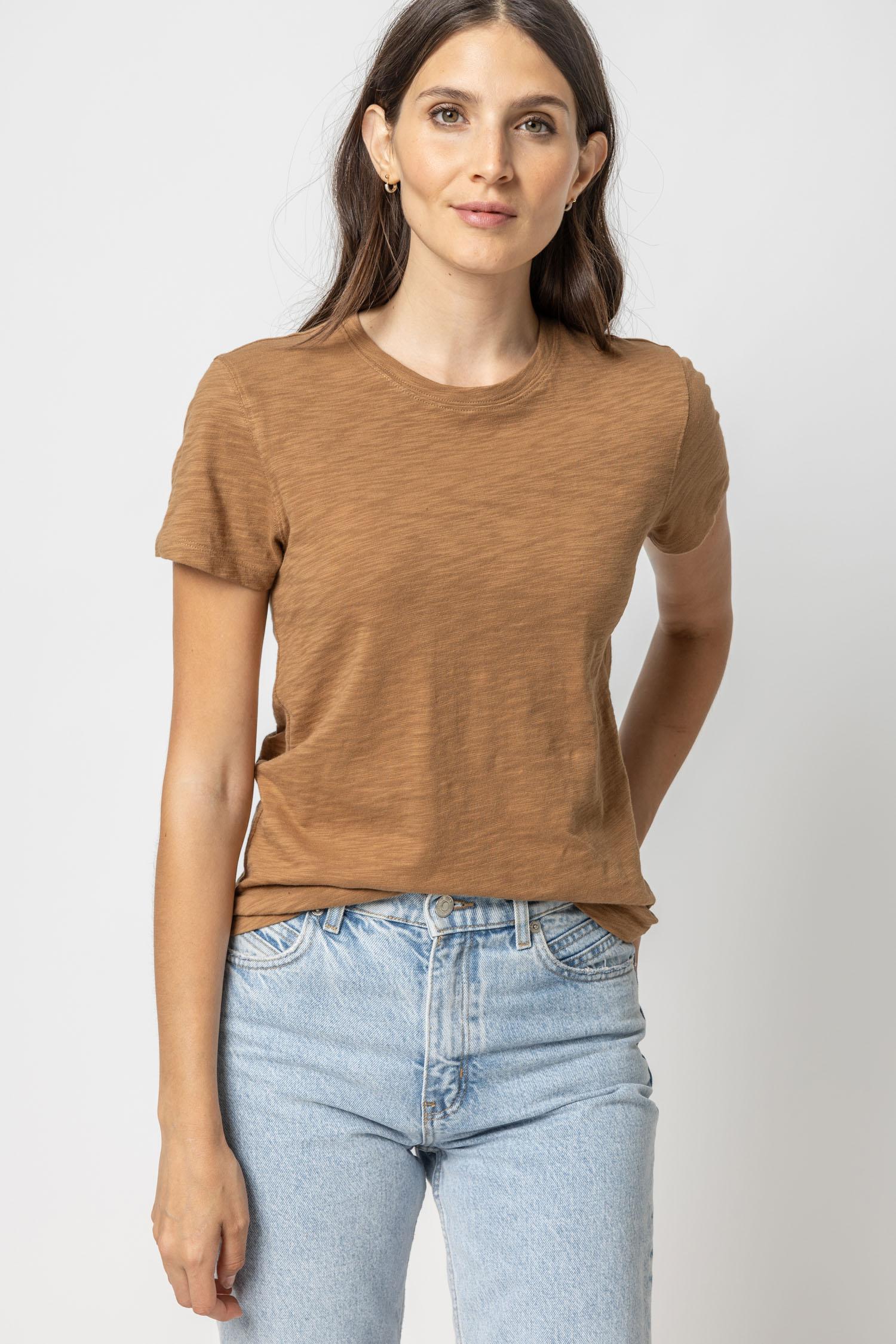 Short Sleeve Back Seam Crewneck Womens Top Russet A1