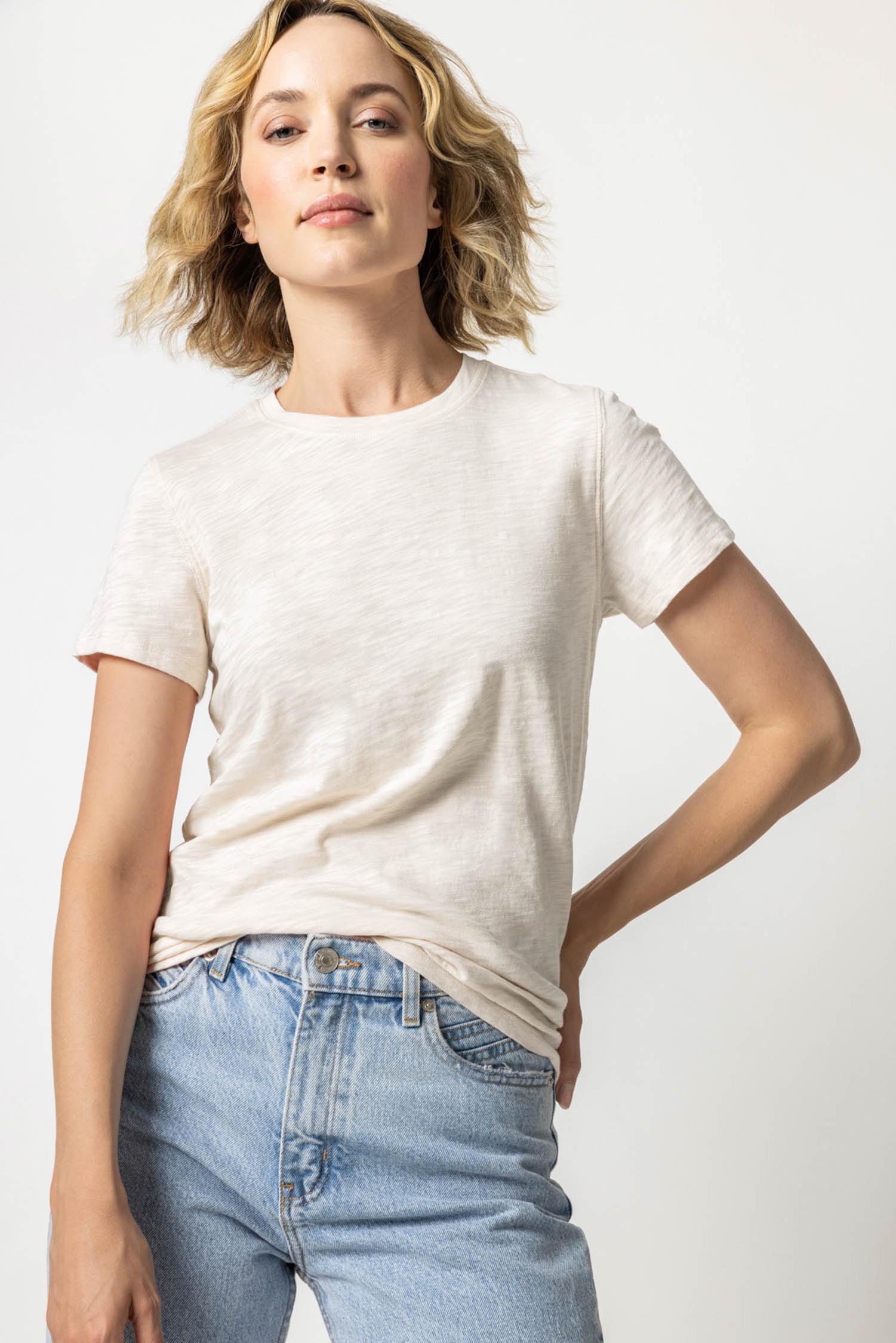 Short Sleeve Back Seam Crewneck Womens Top Talc A1