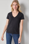 V-Neck Short Sleeve Back Seam Tee Womens Top Black A1