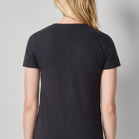 V-Neck Short Sleeve Back Seam Tee Womens Top Black A2