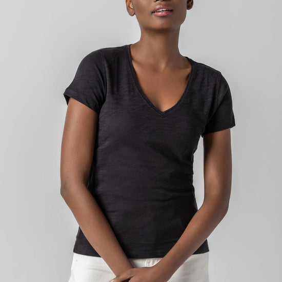 V-Neck Short Sleeve Back Seam Tee in color Black Image A2
