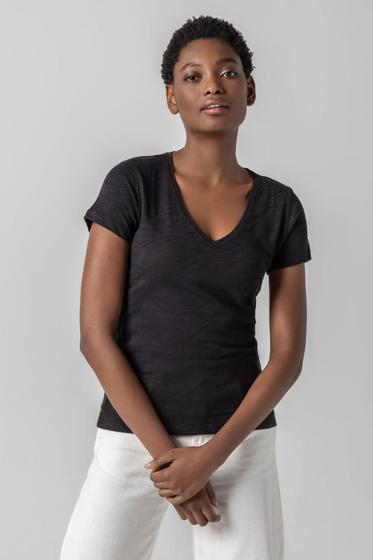 V-Neck Short Sleeve Back Seam Tee in color Black Image A2
