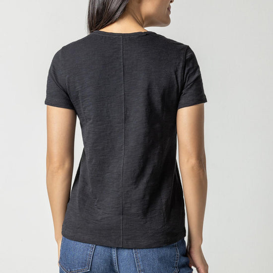 V-Neck Short Sleeve Back Seam Tee Womens Top Black A3