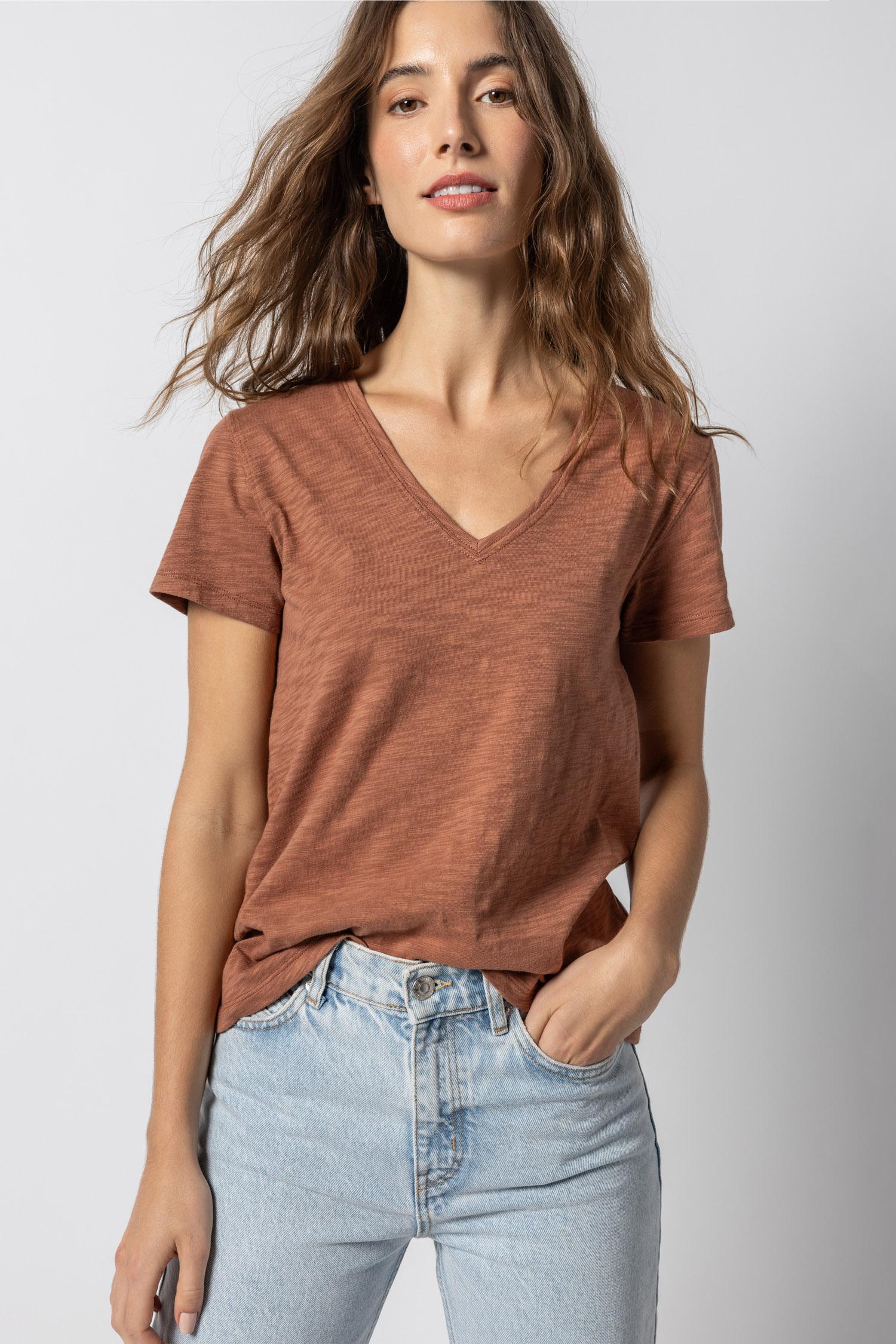 V-Neck Short Sleeve Back Seam Tee Womens Top Burnt Sienna A2