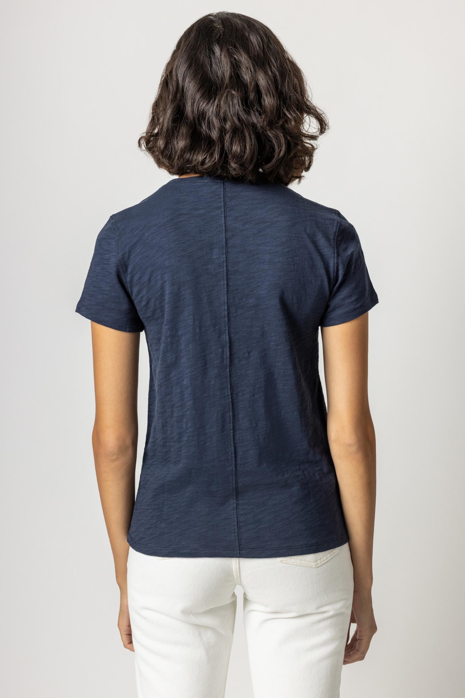 V-Neck Short Sleeve Back Seam Tee Womens Top Navy A2