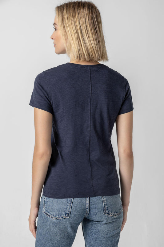 V-Neck Short Sleeve Back Seam Tee Womens Top Navy A2