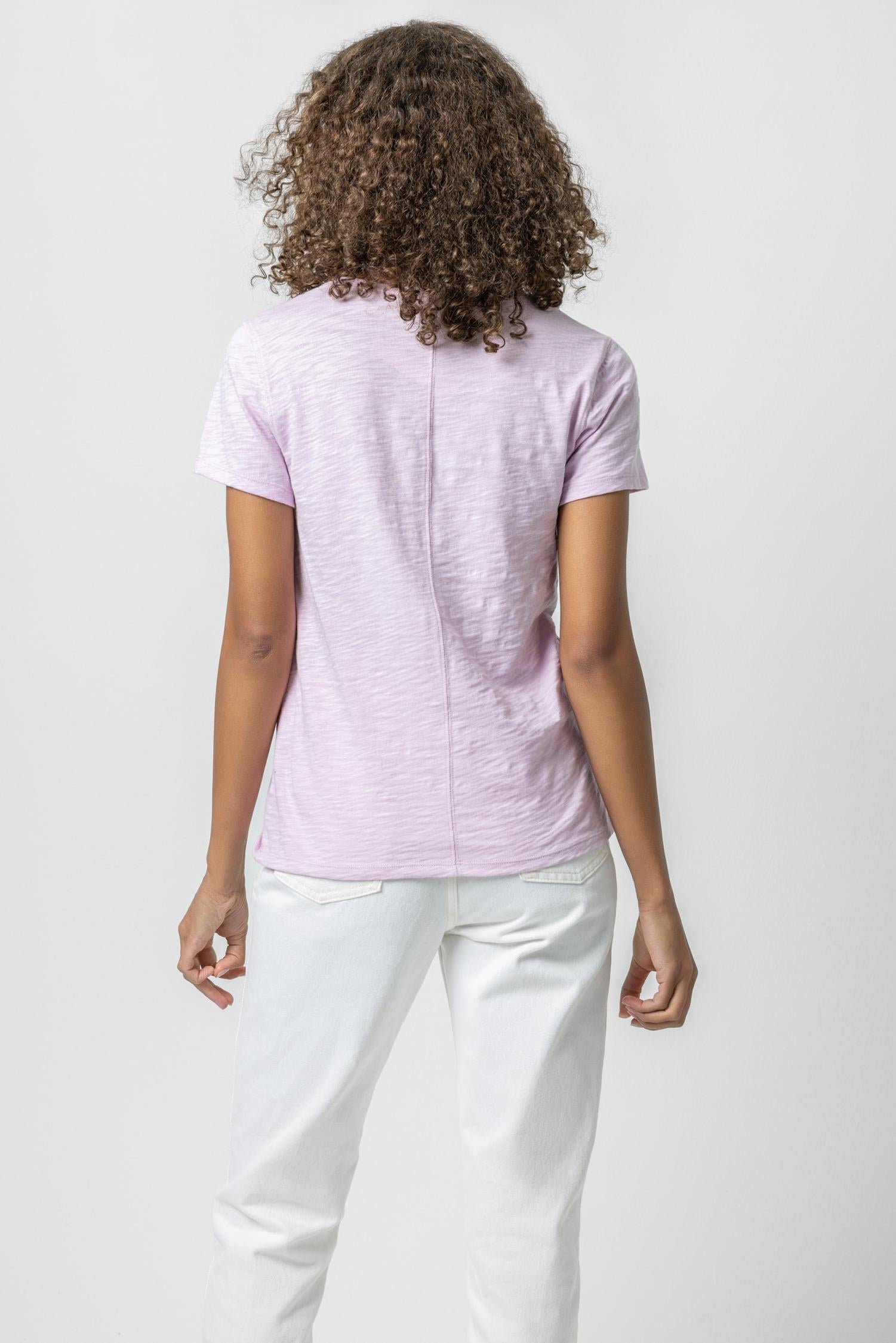 V-Neck Short Sleeve Back Seam Tee Womens Top Orchid A2