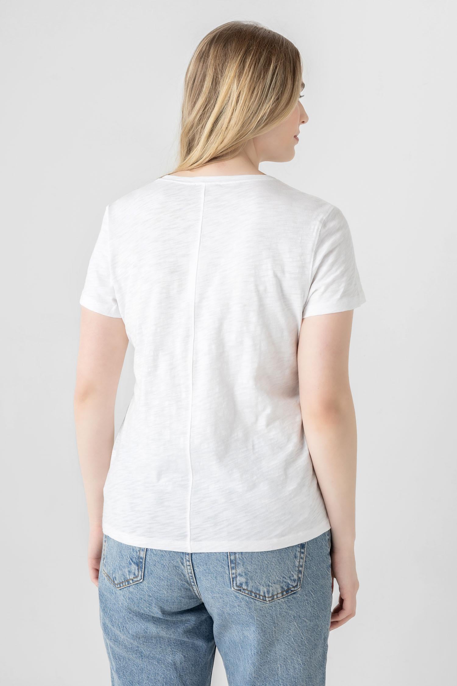 V-Neck Short Sleeve Back Seam Tee Womens Top White A5