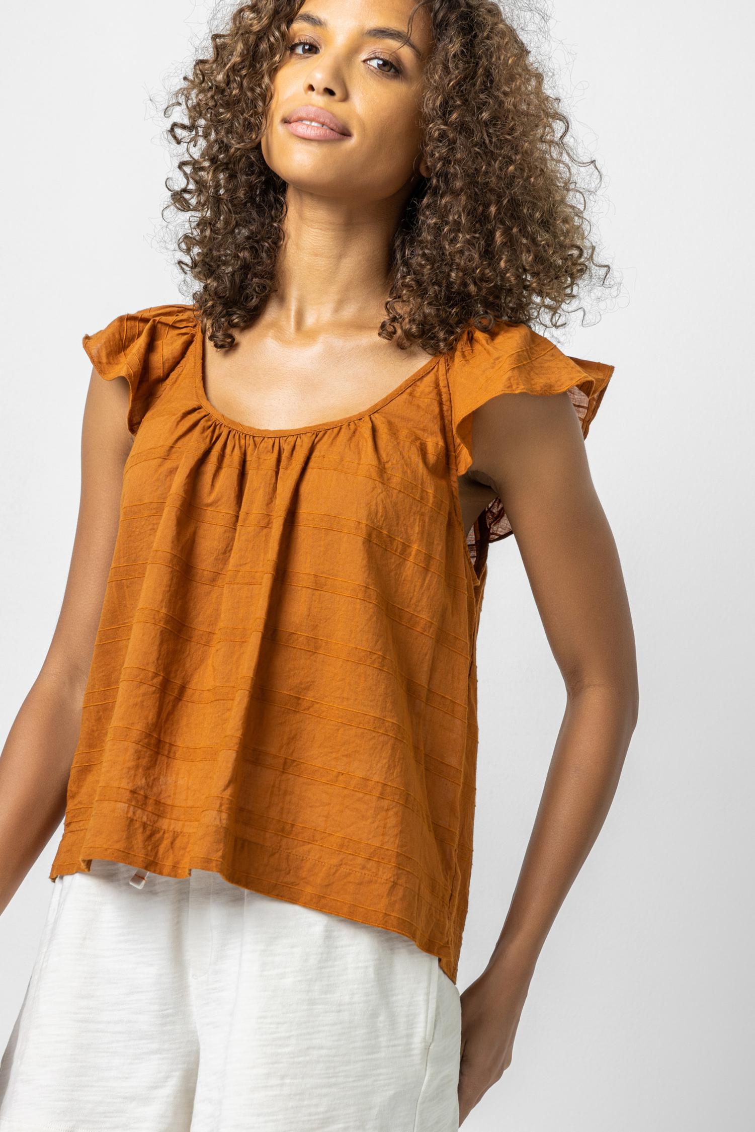 Ruffle Sleeve Top with Shirring Womens Top Copper A1