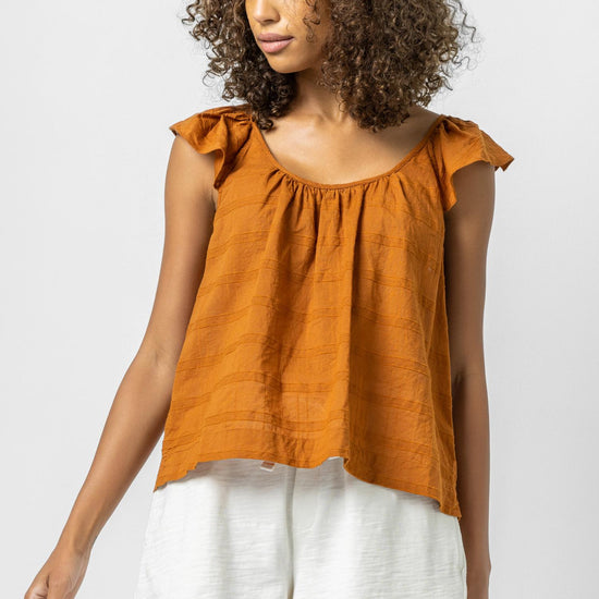 Ruffle Sleeve Top with Shirring Womens Top Copper A2