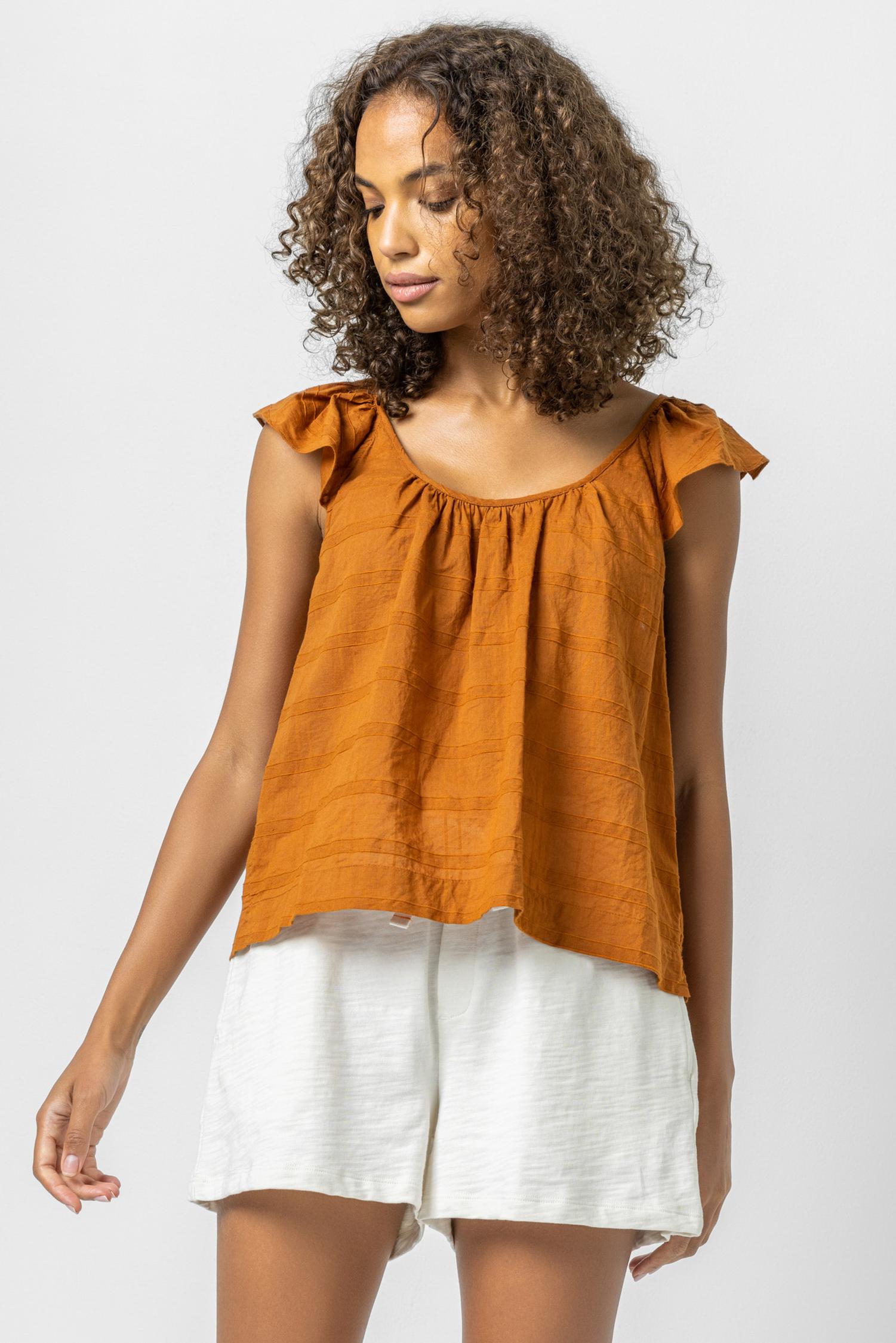 Ruffle Sleeve Top with Shirring Womens Top Copper A2