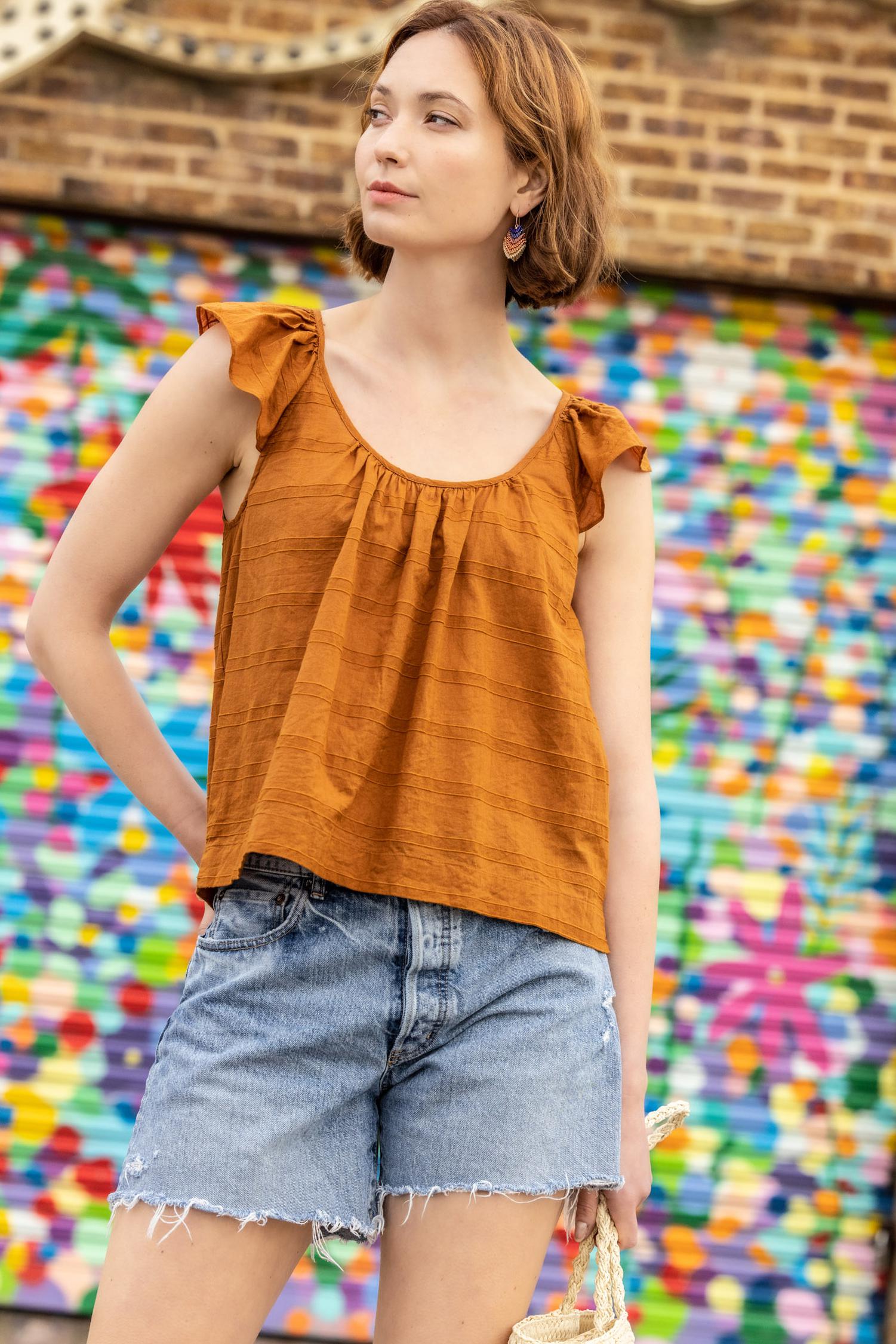 Ruffle Sleeve Top with Shirring Womens Top Copper C1