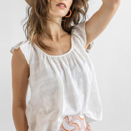 Ruffle Sleeve Top with Shirring Womens Top White A2