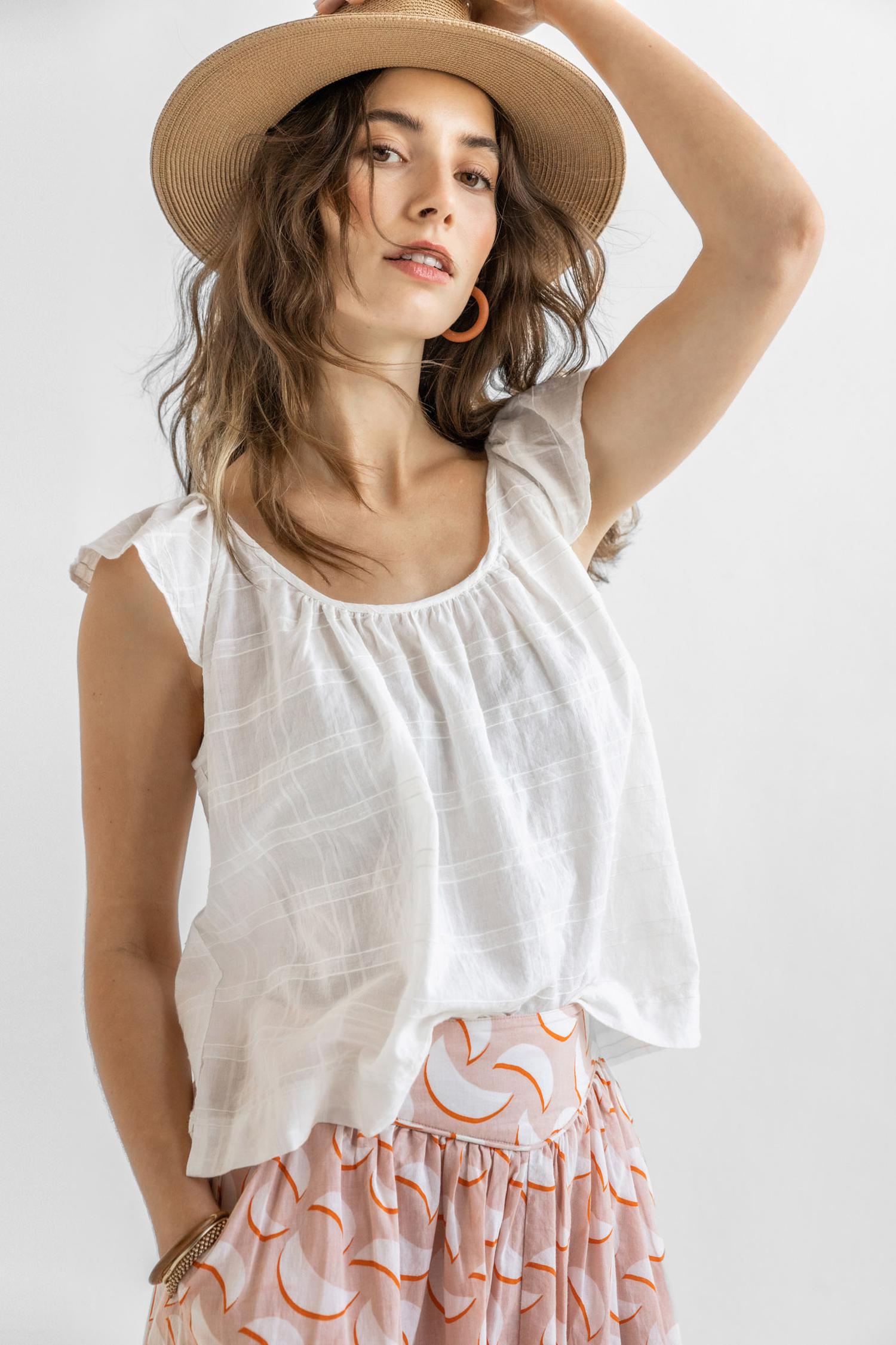 Ruffle Sleeve Top with Shirring Womens Top White A2