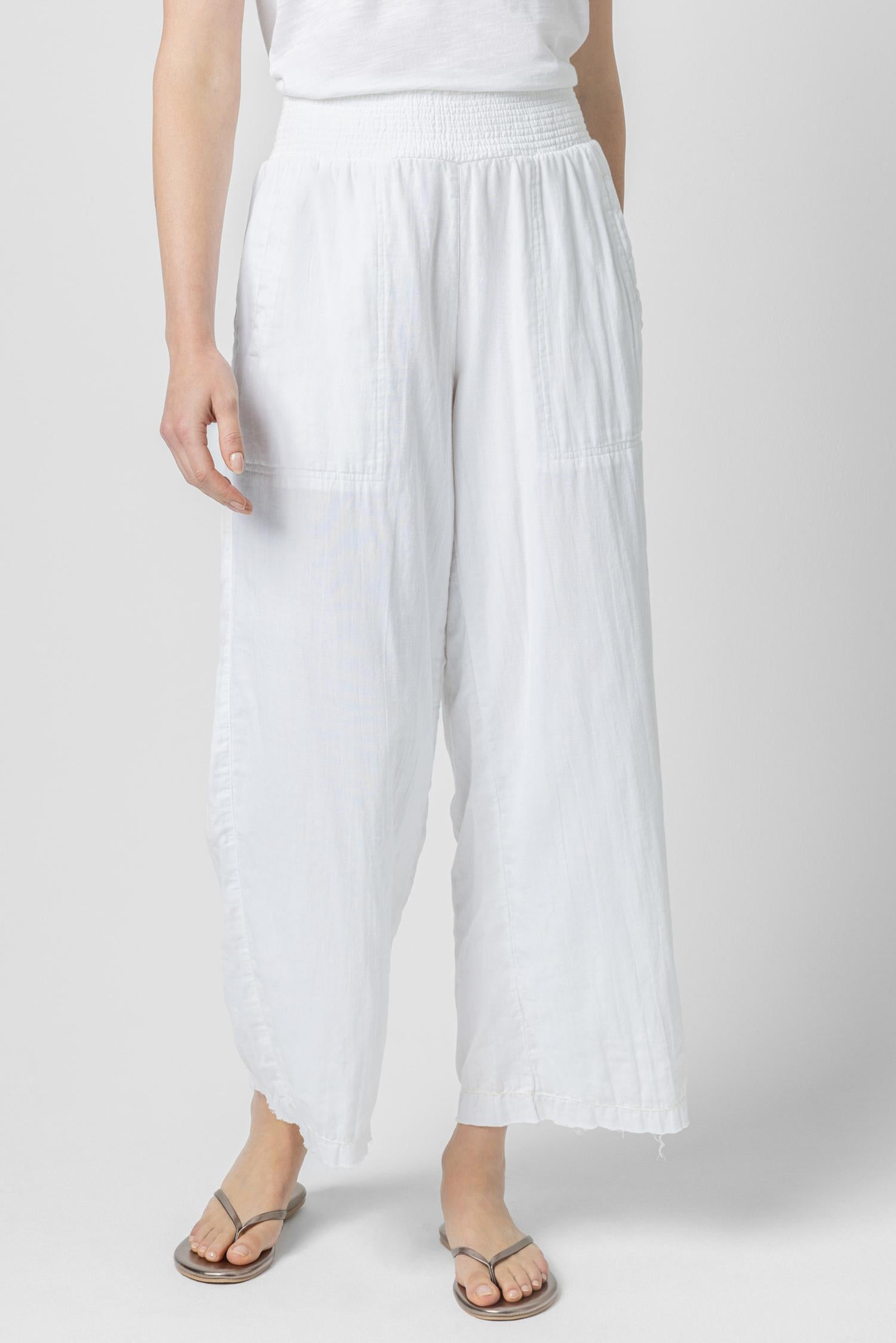 Smocked Waist Full Leg Pant Womens Pant White A1