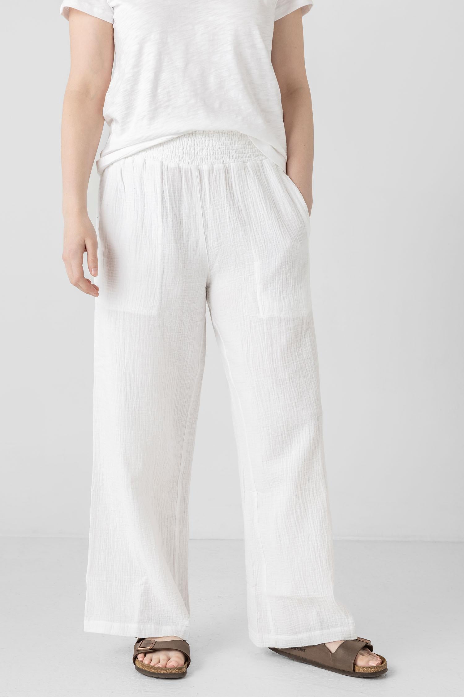 Smocked Waist Full Leg Pant Womens Pant White A3