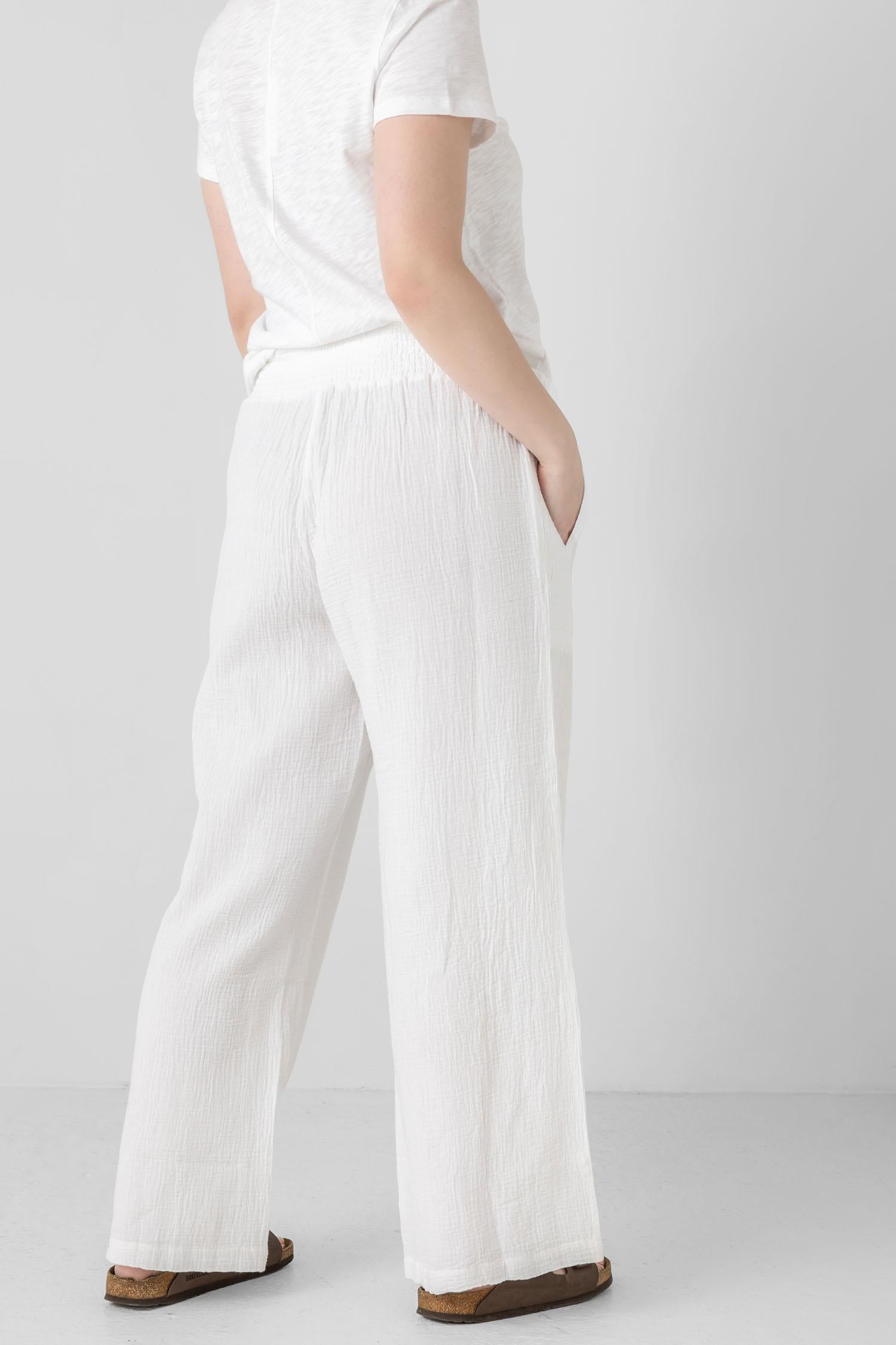 Smocked Waist Full Leg Pant Womens Pant White A4