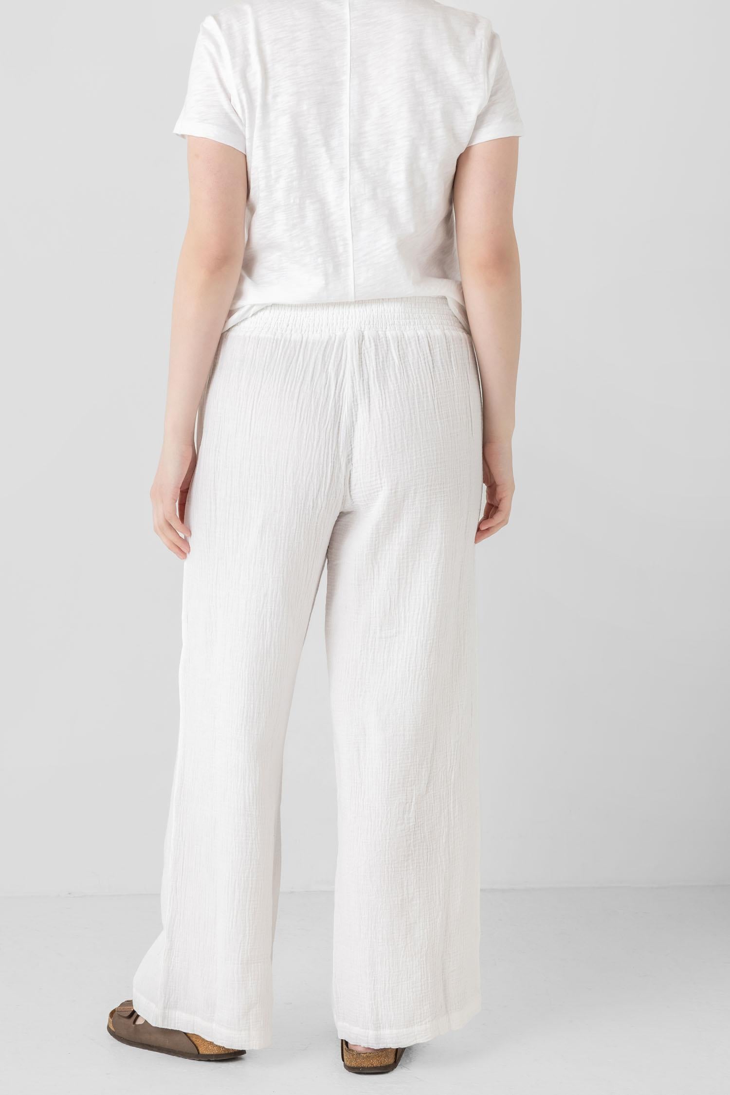 Smocked Waist Full Leg Pant Womens Pant White A5