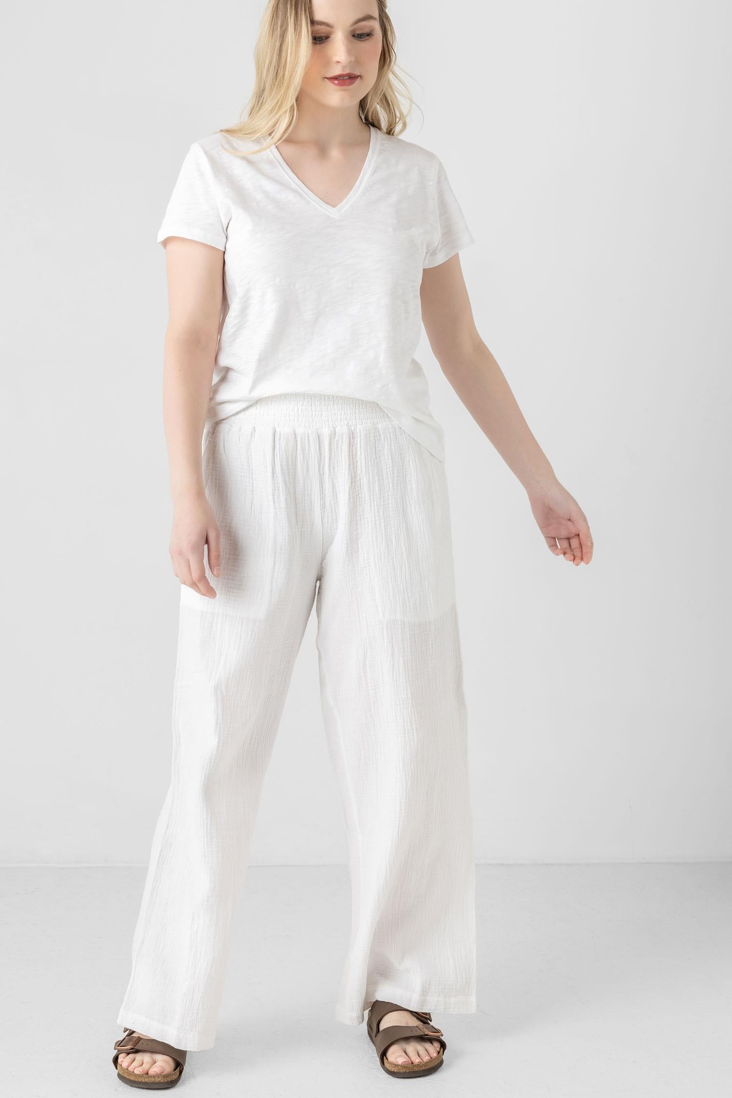 Smocked Waist Full Leg Pant Womens Pant White A6