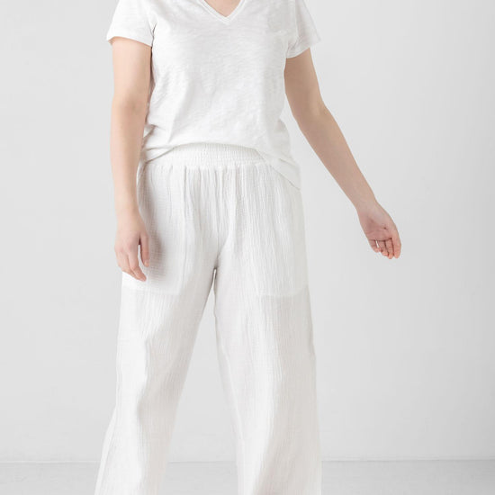 Smocked Waist Full Leg Pant Womens Pant White A6