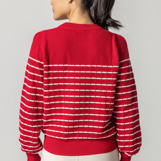 Blouson Crewneck Pullover Sweater Womens Sweater Crimson w/ Ivory Stripe A2