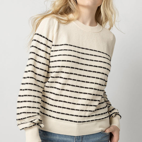 Blouson Crewneck Pullover Sweater Womens Sweater Ivory w/ Black Stripe A5