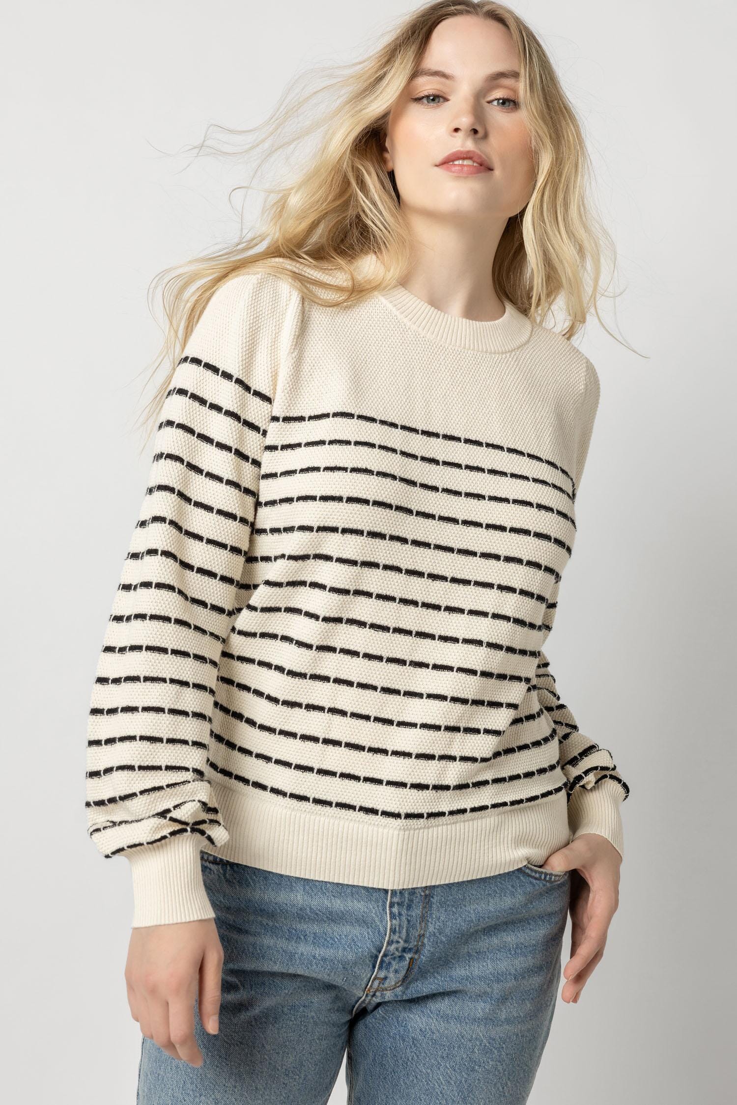 Blouson Crewneck Pullover Sweater Womens Sweater Ivory w/ Black Stripe A5