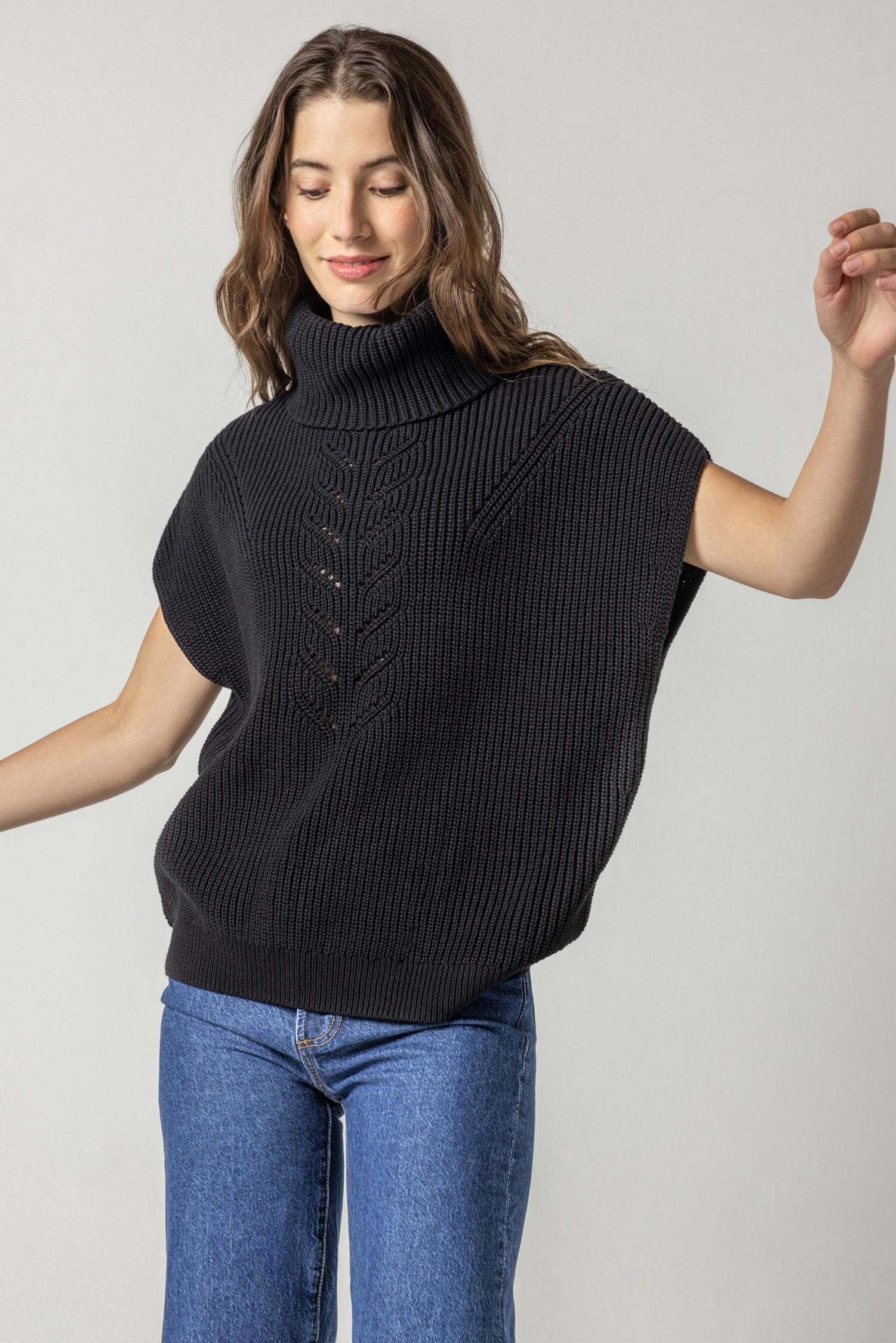 Ribbed Poncho Sweater Womens Sweater Black A2