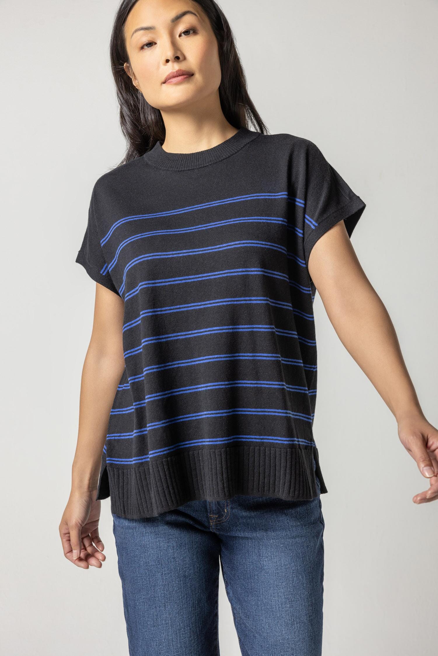 Striped Poncho Sweater Womens Sweater Black Stripe A2