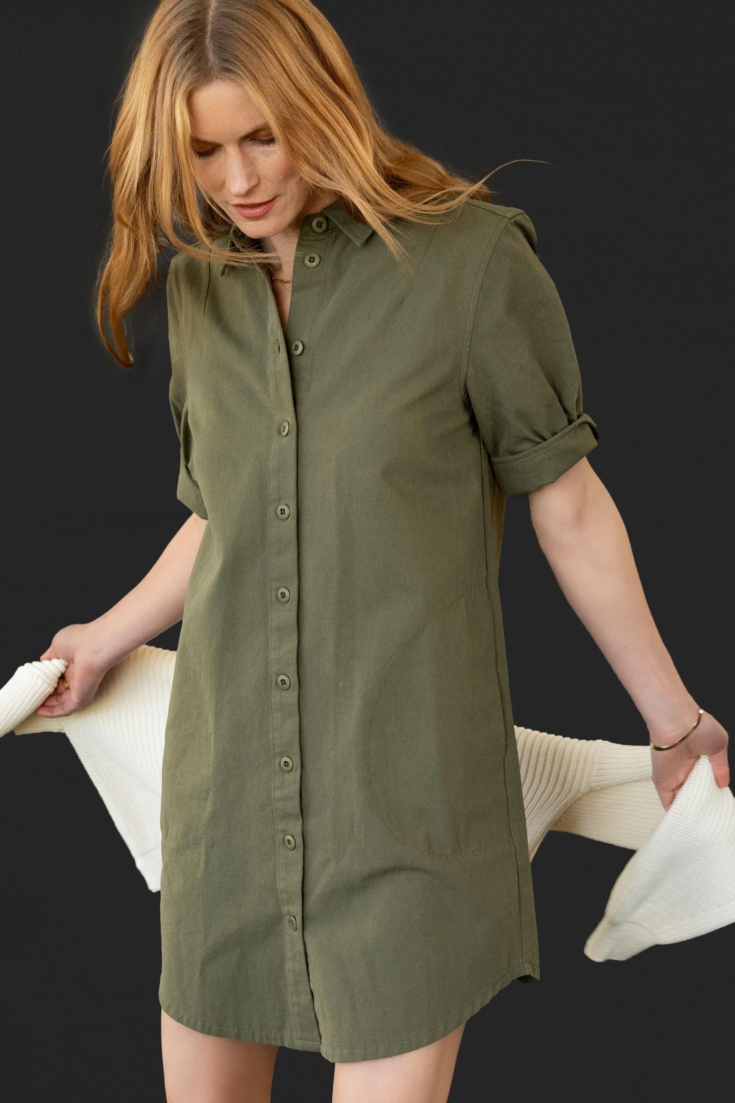 Short Sleeve Shirt Dress Womens Dress Army C1