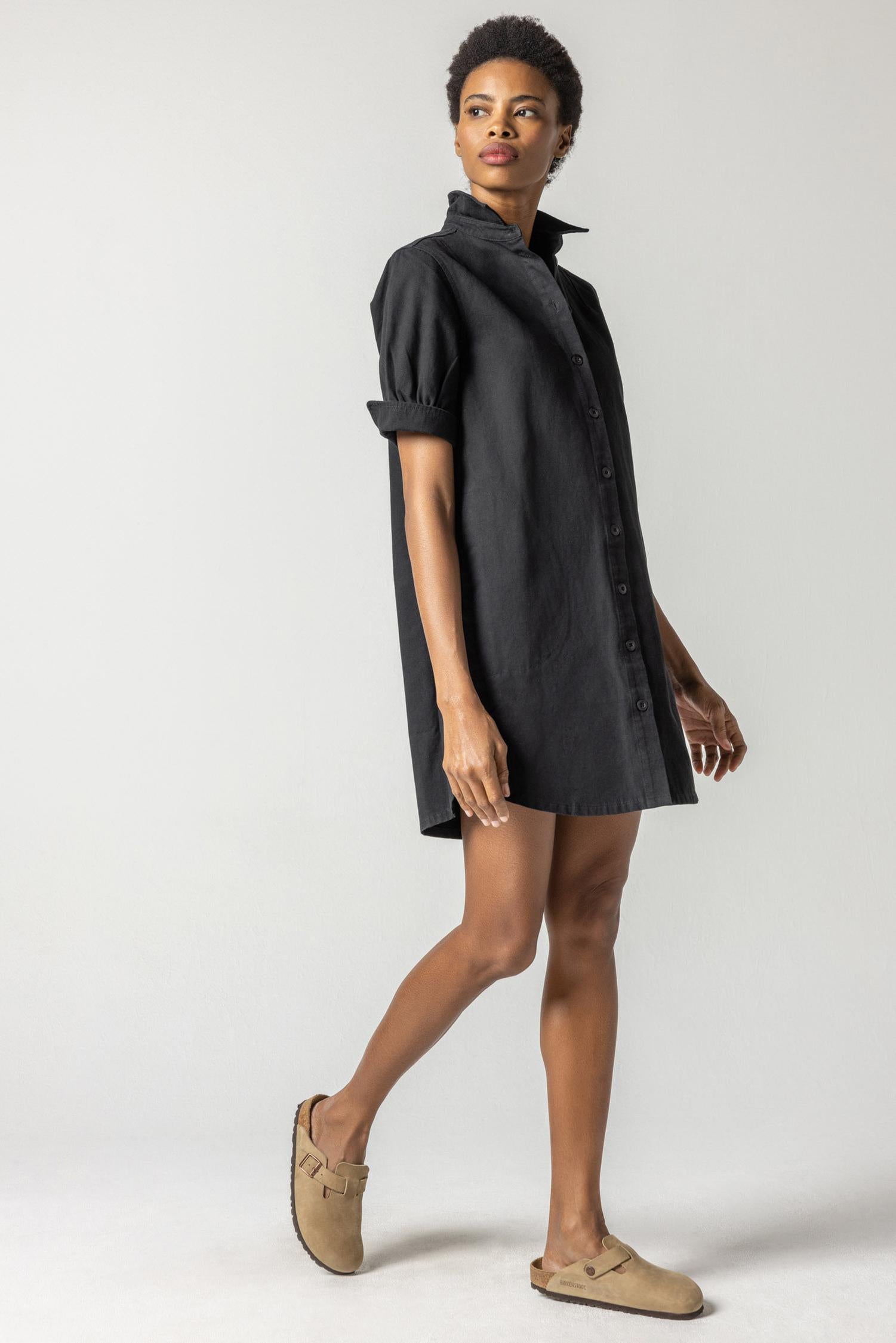 Short Sleeve Shirt Dress Womens Dress Black A1