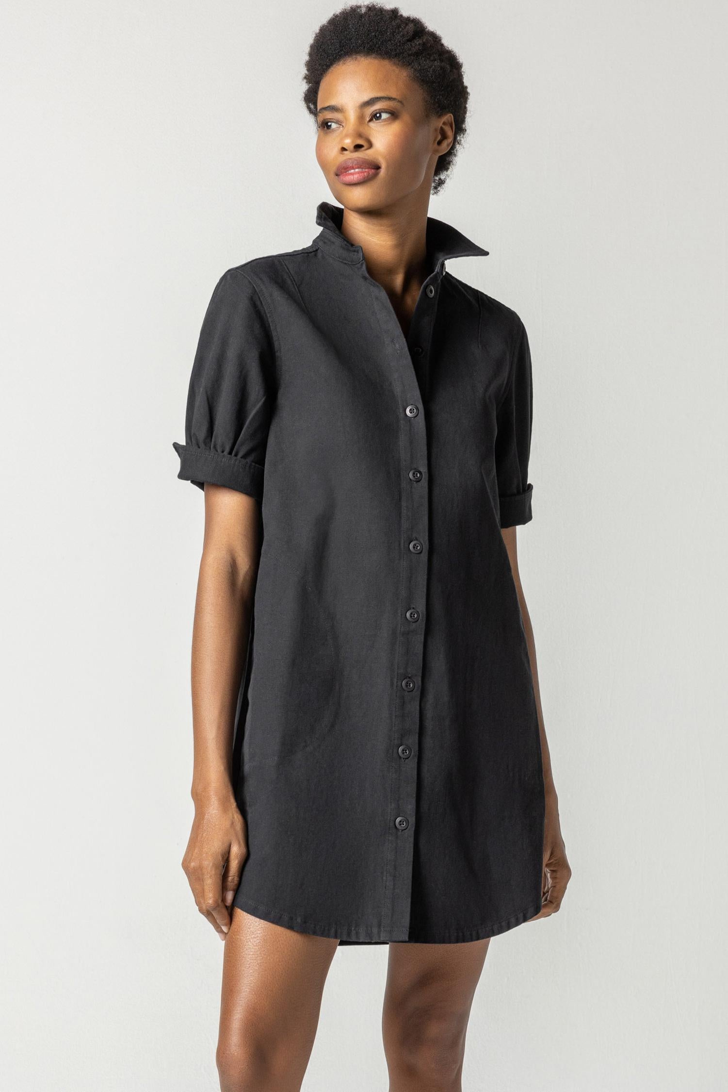 Short Sleeve Shirt Dress Womens Dress Black A2