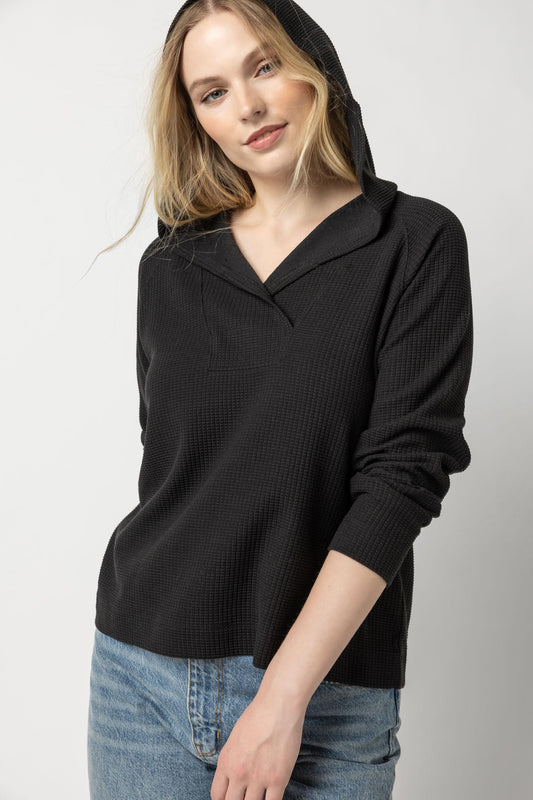 Shawl Collar Hoodie Womens Top Black A5