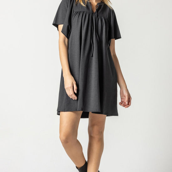 Flutter Sleeve Split Neck Dress Womens Dress Black A1