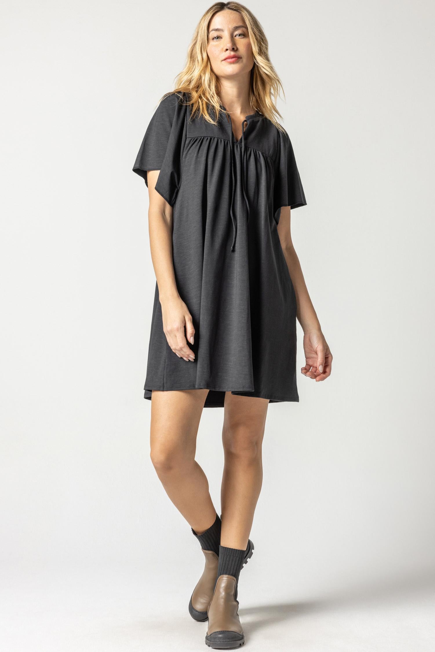 Flutter Sleeve Split Neck Dress Womens Dress Black A1