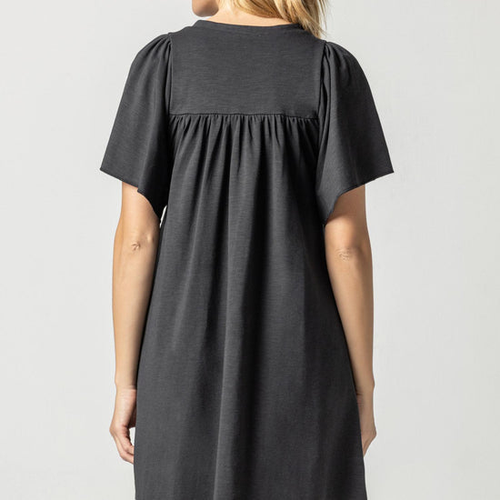 Flutter Sleeve Split Neck Dress Womens Dress Black A2