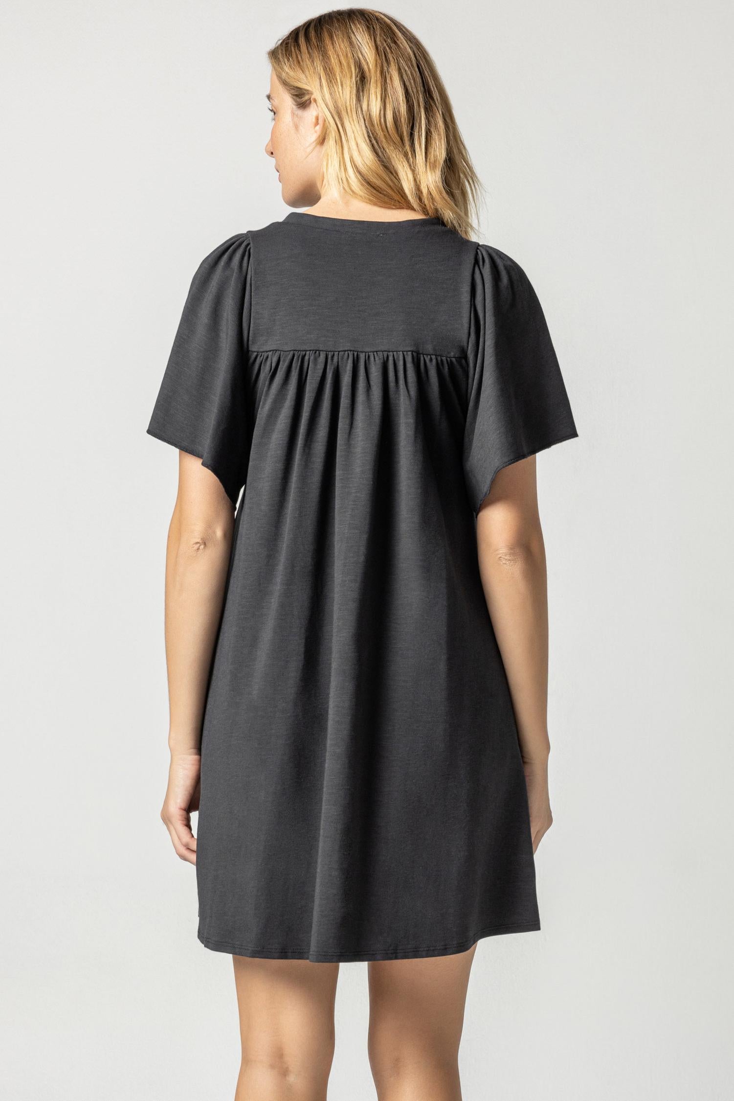 Flutter Sleeve Split Neck Dress Womens Dress Black A2